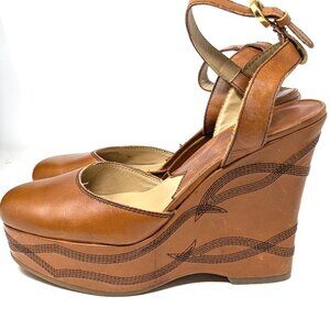 Michael Kors Closed Toe Platform Wedge Shoes Ankle Strap Tan Hide 8.5 Embroidery